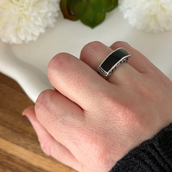 Vintage Sterling Silver 925 Ring Size 6 1/2 6.5 Black Onyx Inlay and Marcasite - Picture 6 of 12